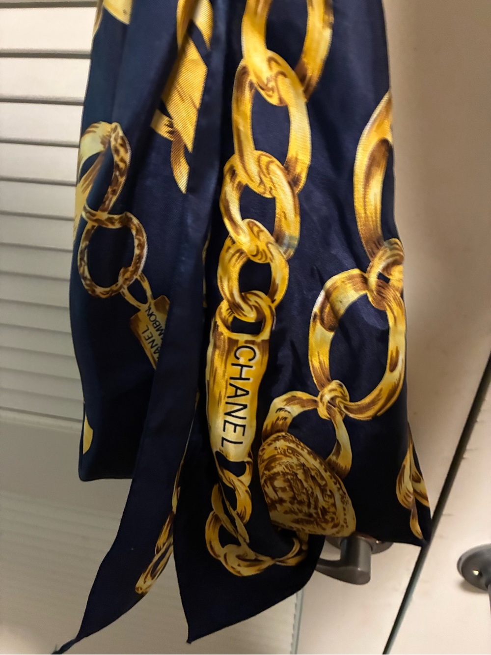 Navy and Gold Chain Print Silk-Feel Square Scarf - Picture 2 of 3